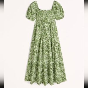 Abercrombie Smocked Bodice Linen-Blend Midi Dress Green Pattern